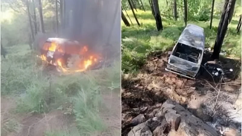 School van carrying children catches fire after plunging into a ravine on Angoori Road in Murree