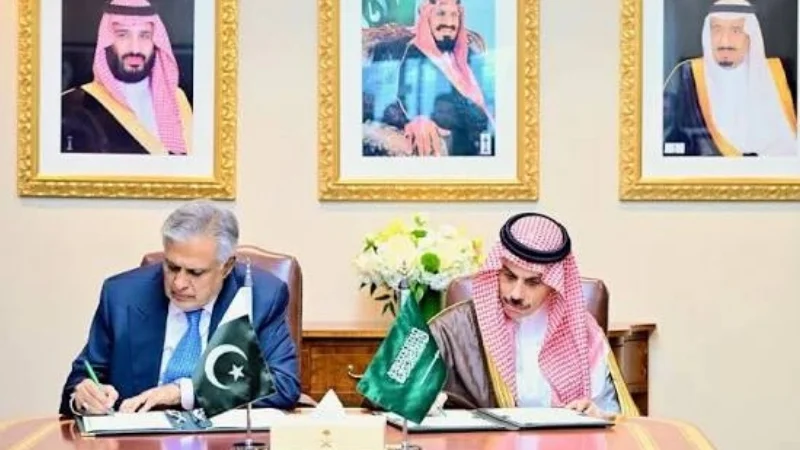 Ishaq Dar and Saudi Foreign Minister Prince Faisal bin Farhan during UN General Assembly engagement