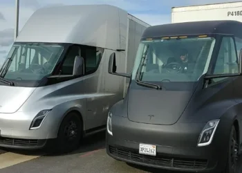Tesla Semi electric truck displayed outside the company’s Nevada factory
