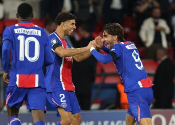 Ferran Torres celebrates after scoring for Paris Saint-Germain against Slovan Bratislava.