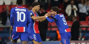 Ferran Torres celebrates after scoring for Paris Saint-Germain against Slovan Bratislava.