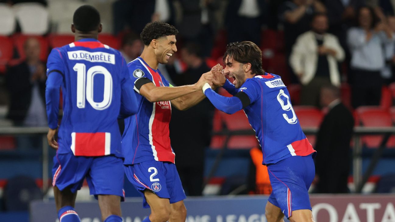 Ferran Torres celebrates after scoring for Paris Saint-Germain against Slovan Bratislava.