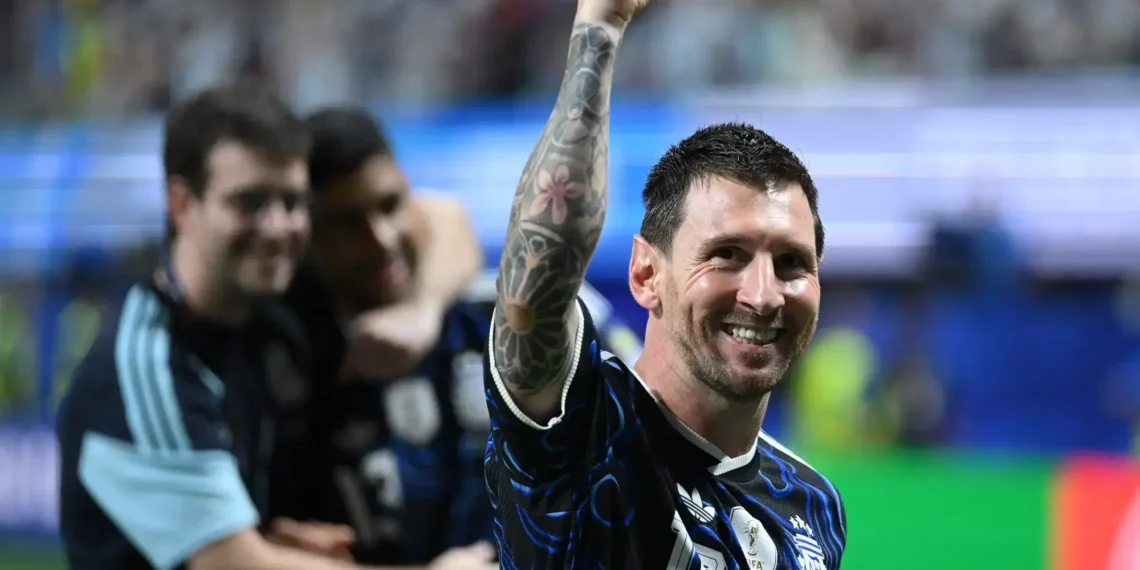 Lionel Messi wearing the Argentina jersey ahead of his final international match.