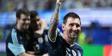 Lionel Messi wearing the Argentina jersey ahead of his final international match.