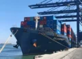 Container ship at Karachi port as direct shipping connectivity with European ports resumes.