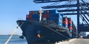 Container ship at Karachi port as direct shipping connectivity with European ports resumes.