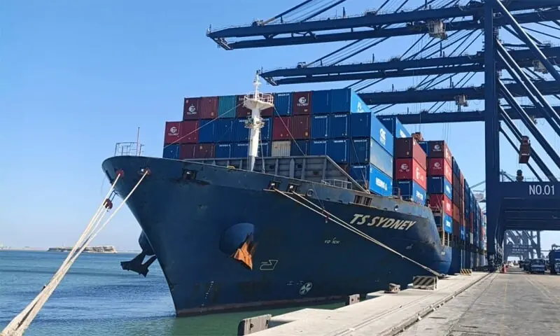Container ship at Karachi port as direct shipping connectivity with European ports resumes.