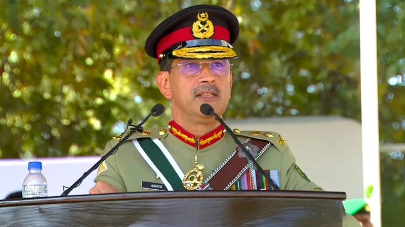 General Syed Aamer Raza delivers an address during a passing-out ceremony at Pakistan Military Academy Kakul