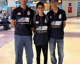 Karachi Grammar School students Ziyad Qasim Farrukh, Shaayan Nadir Abdullah and Syed Taha Ahmed with their autonomous robotics project