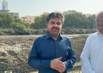 Syed Nasir Hussain Shah during a visit to Khayyam Canal in Clifton, Karachi, to review ongoing development work.