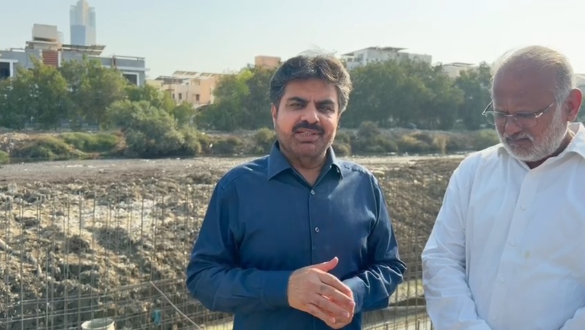 Syed Nasir Hussain Shah during a visit to Khayyam Canal in Clifton, Karachi, to review ongoing development work.