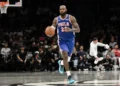 LeBron James in a Philadelphia 76ers uniform during his pre-season debut against the Brooklyn Nets.