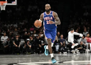 LeBron James in a Philadelphia 76ers uniform during his pre-season debut against the Brooklyn Nets.