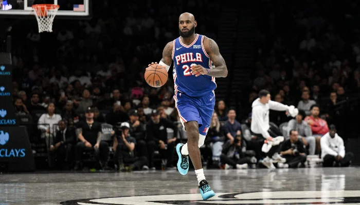 LeBron James in a Philadelphia 76ers uniform during his pre-season debut against the Brooklyn Nets.