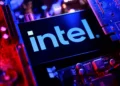 Intel semiconductor processor displayed against a technology-themed background amid a sharp decline in the company's stock price.