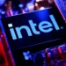 Intel semiconductor processor displayed against a technology-themed background amid a sharp decline in the company's stock price.