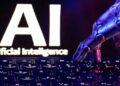 Wall Street trading screens displaying technology stocks as investors await AI company earnings.