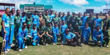 Pakistan Over-40 cricket team players during their match against India in Guyana.