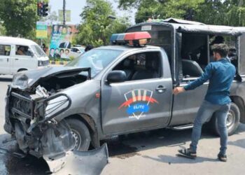 Rescue teams respond to an accident involving Elite Force personnel near Qureshi Interchange in Punjab.