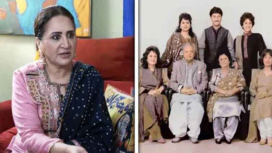 Pakistani actress Asma Abbas discussing her father Ahmad Bashir’s personal life during a podcast interview.