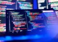 Cybersecurity and artificial intelligence concept illustrating software vulnerabilities and threats to global internet infrastructure.