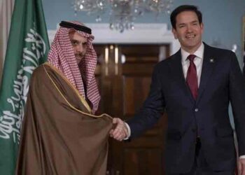Marco Rubio and Saudi Foreign Minister Prince Faisal bin Farhan Al Saud during their meeting at the G20 Foreign Ministers’ Meeting in Atlanta.