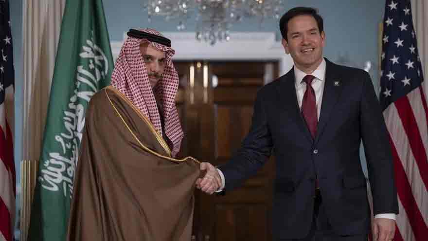 Marco Rubio and Saudi Foreign Minister Prince Faisal bin Farhan Al Saud during their meeting at the G20 Foreign Ministers’ Meeting in Atlanta.