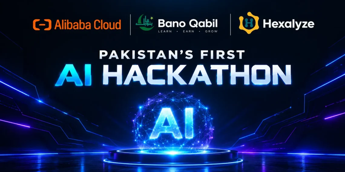 Participants present artificial intelligence projects during Alibaba Cloud’s first AI hackathon in Pakistan at NASTP Karachi.