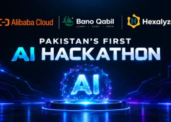 Participants present artificial intelligence projects during Alibaba Cloud’s first AI hackathon in Pakistan at NASTP Karachi.