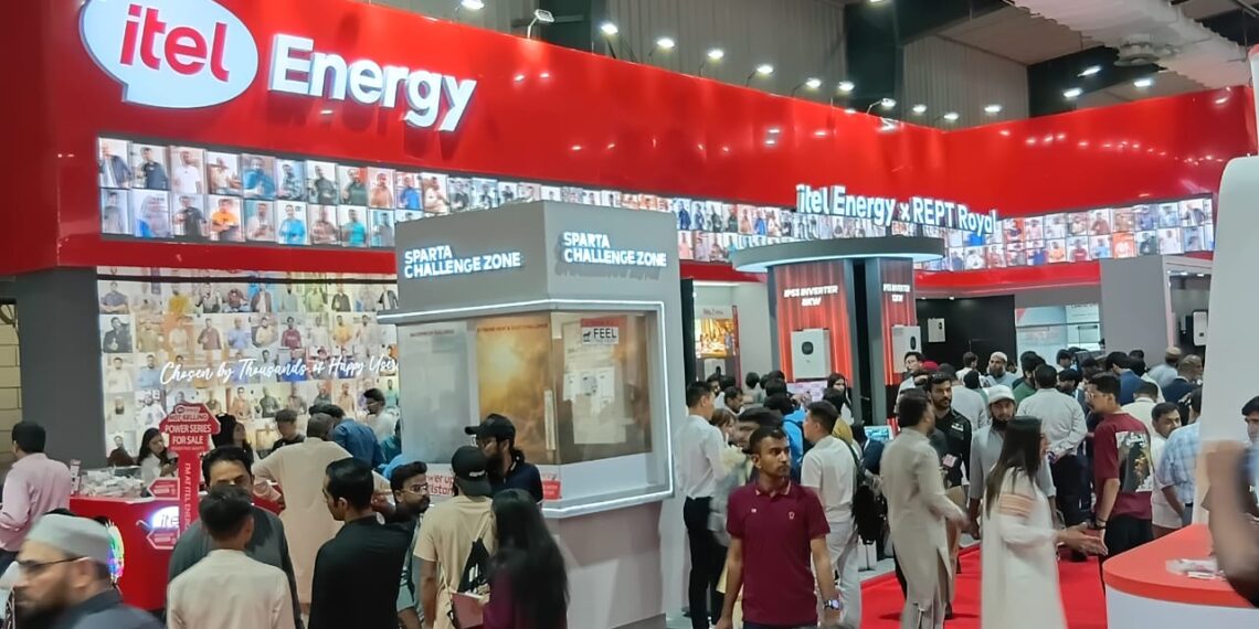 itel Energy solar battery storage systems and hybrid inverters displayed at the Solar Pakistan Expo in Karachi.