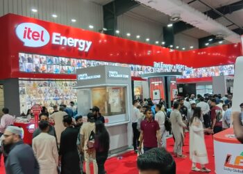 itel Energy solar battery storage systems and hybrid inverters displayed at the Solar Pakistan Expo in Karachi.