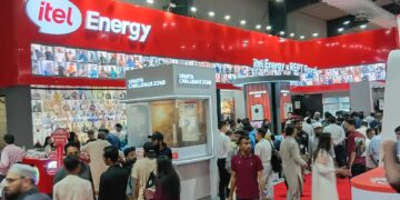 itel Energy solar battery storage systems and hybrid inverters displayed at the Solar Pakistan Expo in Karachi.