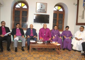 Archbishop Dr Azad Marshall and Christian leaders discuss the proposed Sindh Christian Family Laws Bill in Karachi.