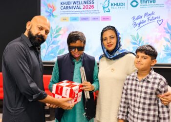 Speakers, students and community participants at the Khudi Wellness Carnival 2026 in Karachi.