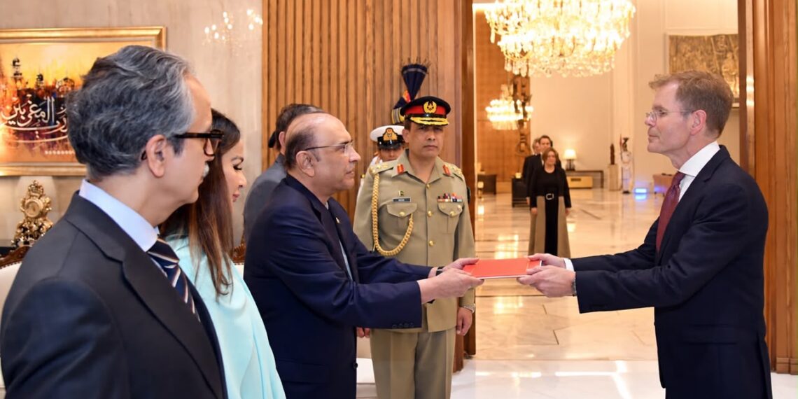 President Asif Ali Zardari during a credentials ceremony with ambassadors-designate at Aiwan-e-Sadr in Islamabad.