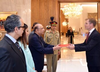President Asif Ali Zardari during a credentials ceremony with ambassadors-designate at Aiwan-e-Sadr in Islamabad.