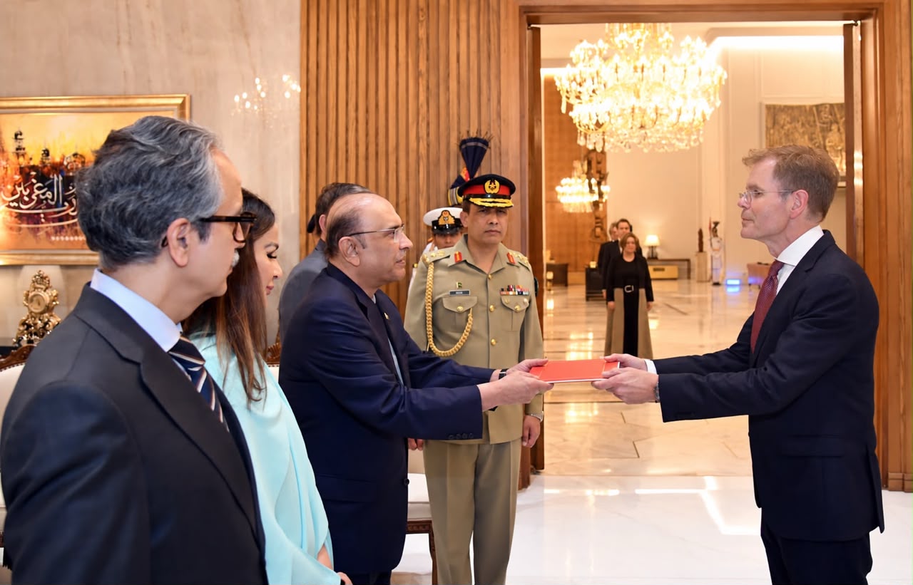 President Asif Ali Zardari during a credentials ceremony with ambassadors-designate at Aiwan-e-Sadr in Islamabad.