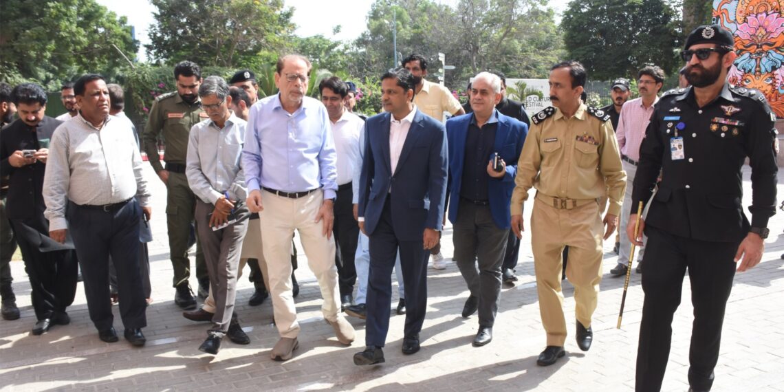 Commissioner Karachi Syed Hassan Naqvi and Arts Council officials discuss security and event arrangements for World Culture Festival 2026.