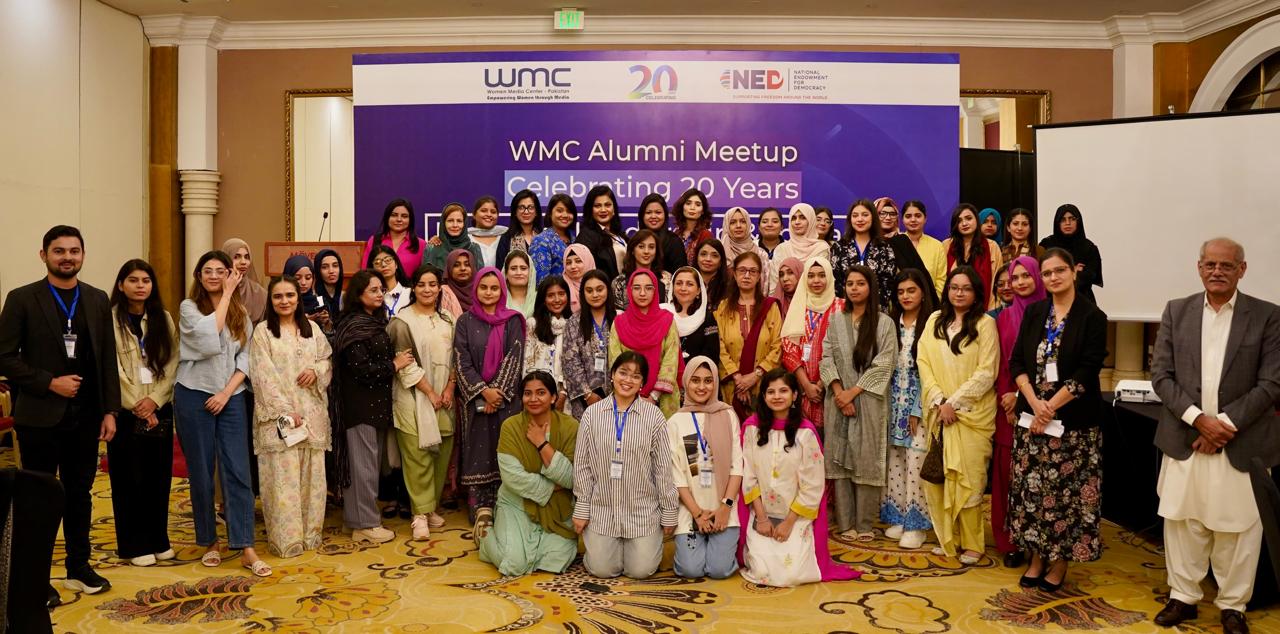 Women Media Center alumni and senior journalists attend the organisation’s 20th anniversary event in Karachi.