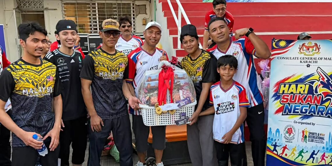 Participants take part in sports activities organised by the Consulate General of Malaysia in Karachi for National Sports Day 2026.