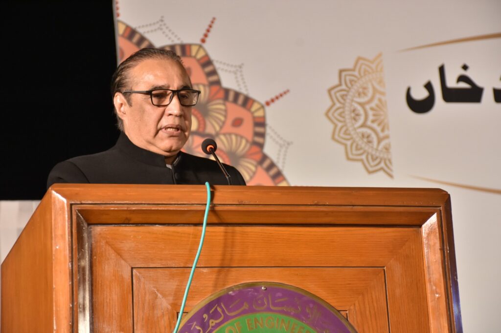 Chancellor Akbar Ali Khan, Erum Akbar Ali Khan, Senator Haseeb Khan and other speakers at the Sir Syed Day ceremony