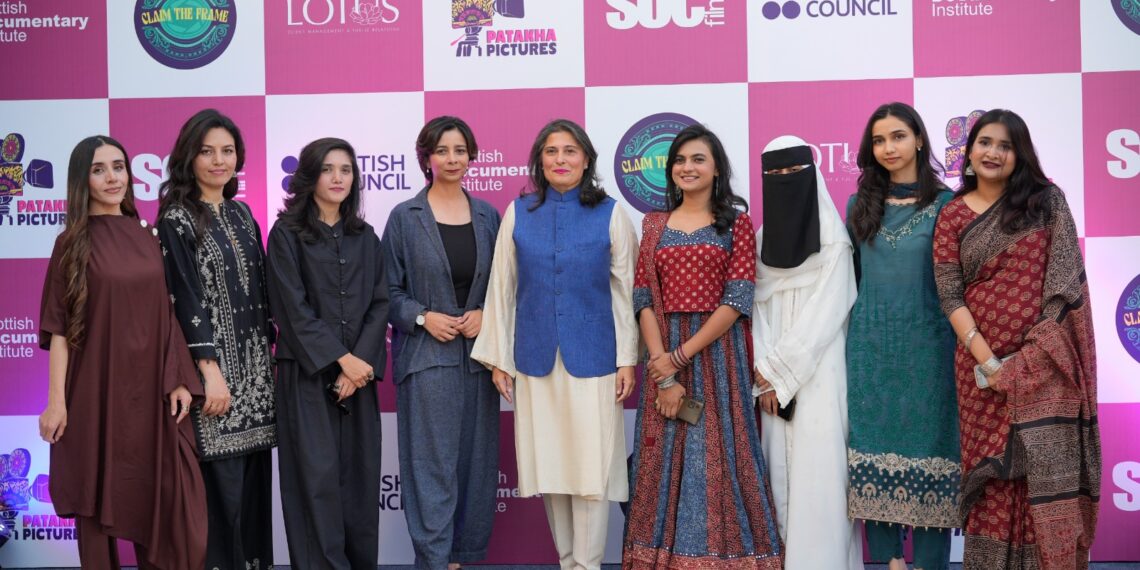 Sharmeen Obaid-Chinoy and participants at the Patakha Pictures five-year celebration and 2026 Claim the Frame event in Karachi.