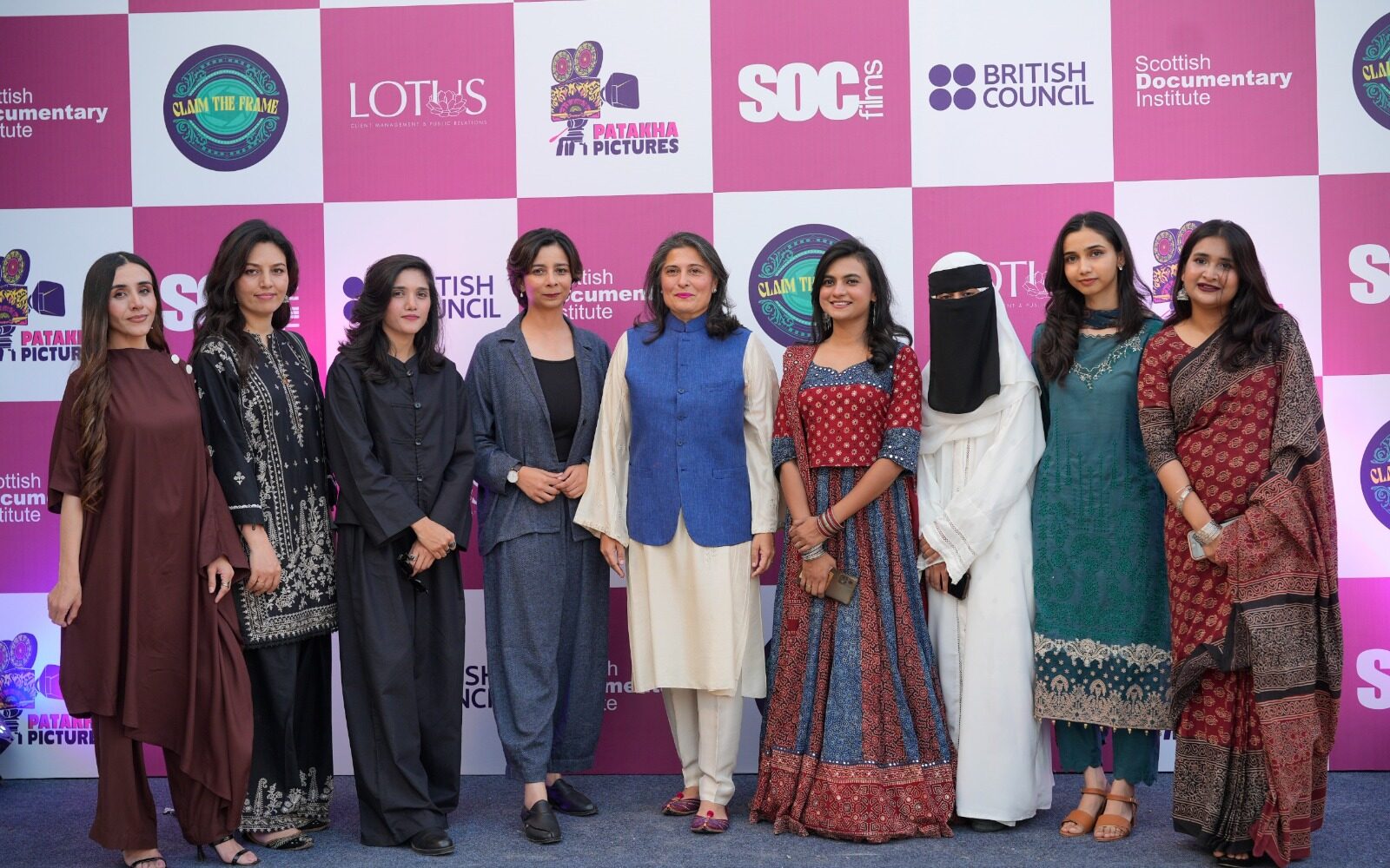 Sharmeen Obaid-Chinoy and participants at the Patakha Pictures five-year celebration and 2026 Claim the Frame event in Karachi.