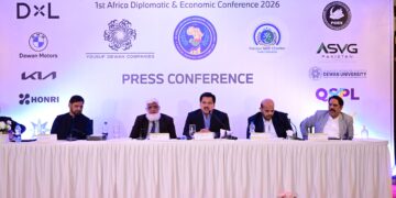 Pakistan SADC Chamber Trade Federation officials at a Karachi press conference ahead of the Africa Diplomatic and Economic Conference.