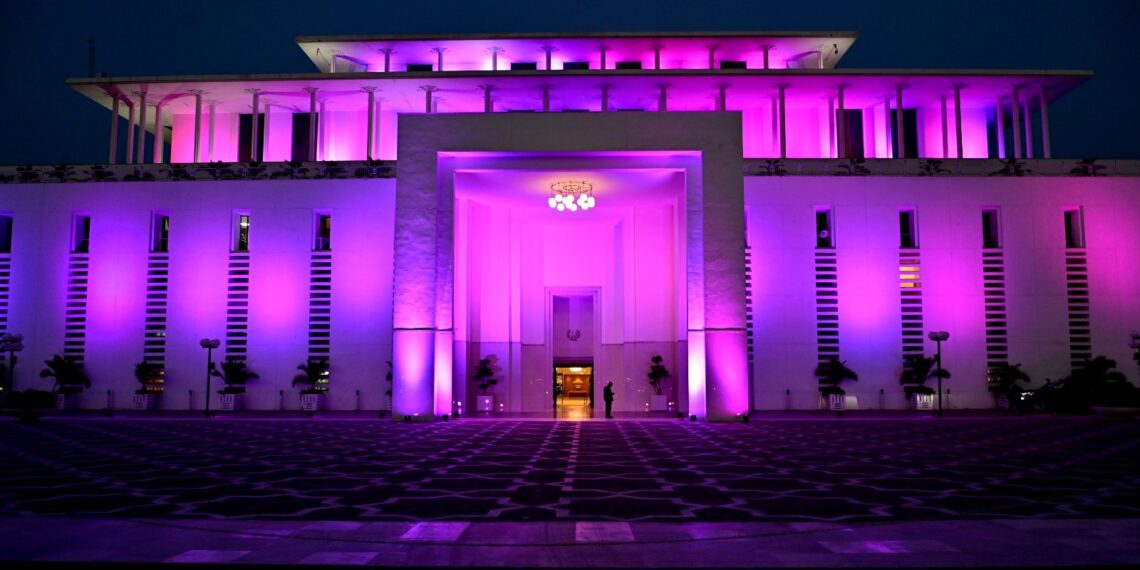 Government buildings in Islamabad illuminated in pink to promote breast cancer awareness.
