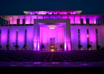 Government buildings in Islamabad illuminated in pink to promote breast cancer awareness.