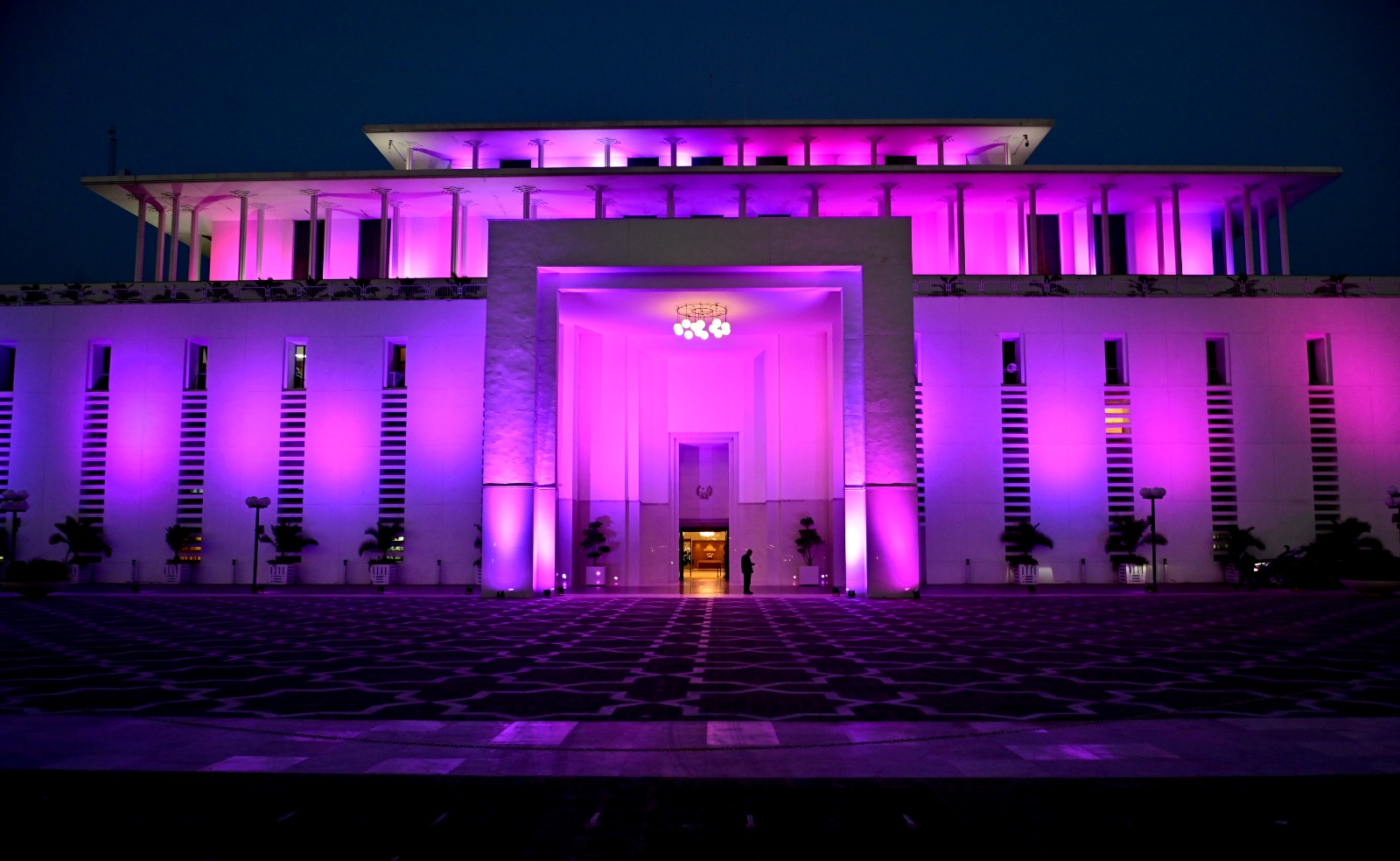 Government buildings in Islamabad illuminated in pink to promote breast cancer awareness.