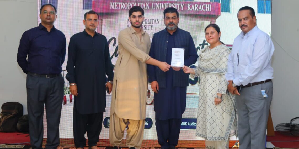 BBA students and university officials attend the Final Year Project Submission Ceremony at Metropolitan University Karachi.
