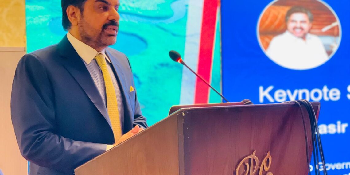 Nasir Hussain Shah speaks at the Climate Finance Accelerator’s Investor Roadshow 2026 in Karachi, highlighting private investment and modern technology to address climate change.