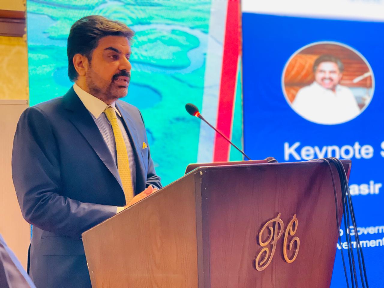 Nasir Hussain Shah speaks at the Climate Finance Accelerator’s Investor Roadshow 2026 in Karachi, highlighting private investment and modern technology to address climate change.
